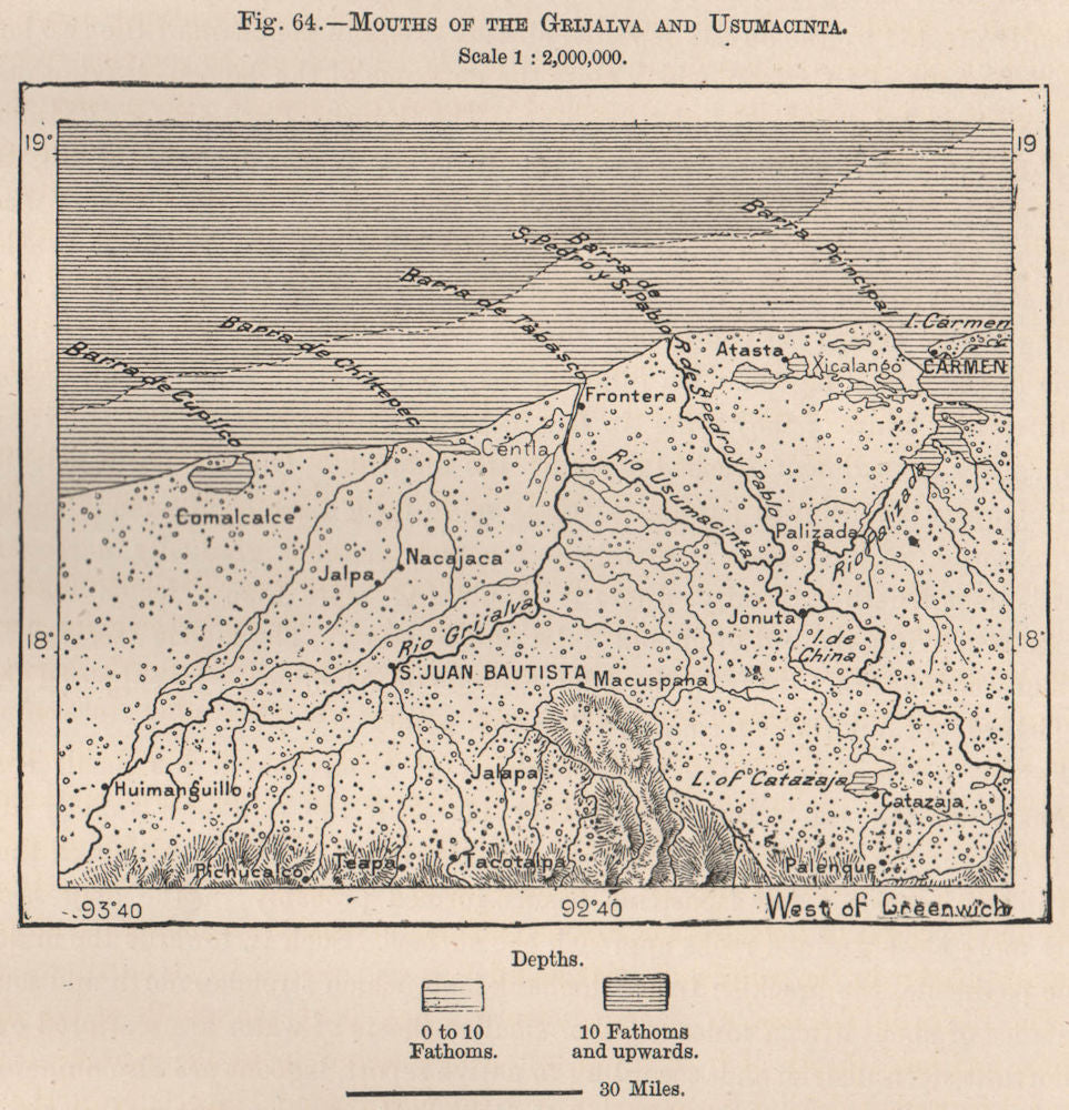 Grijalva/Usumacint mouths Villahermosa Carmen Pantanos Centla Mexico 1885 map